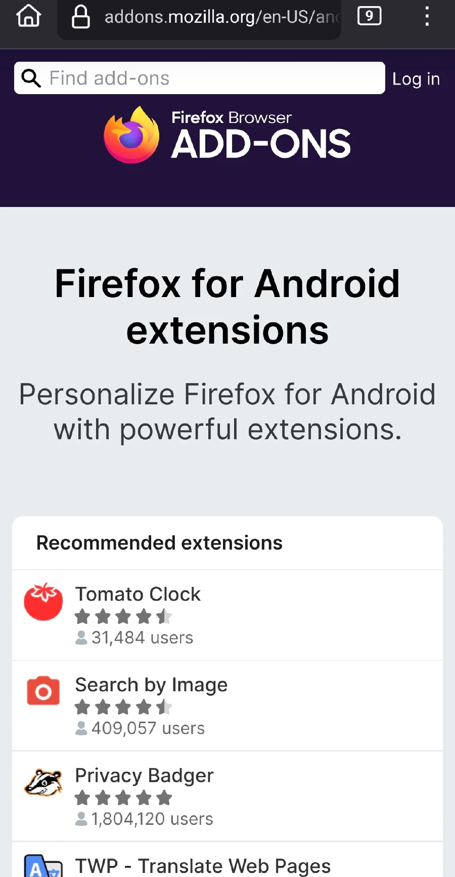 Firefox’s extension store for android