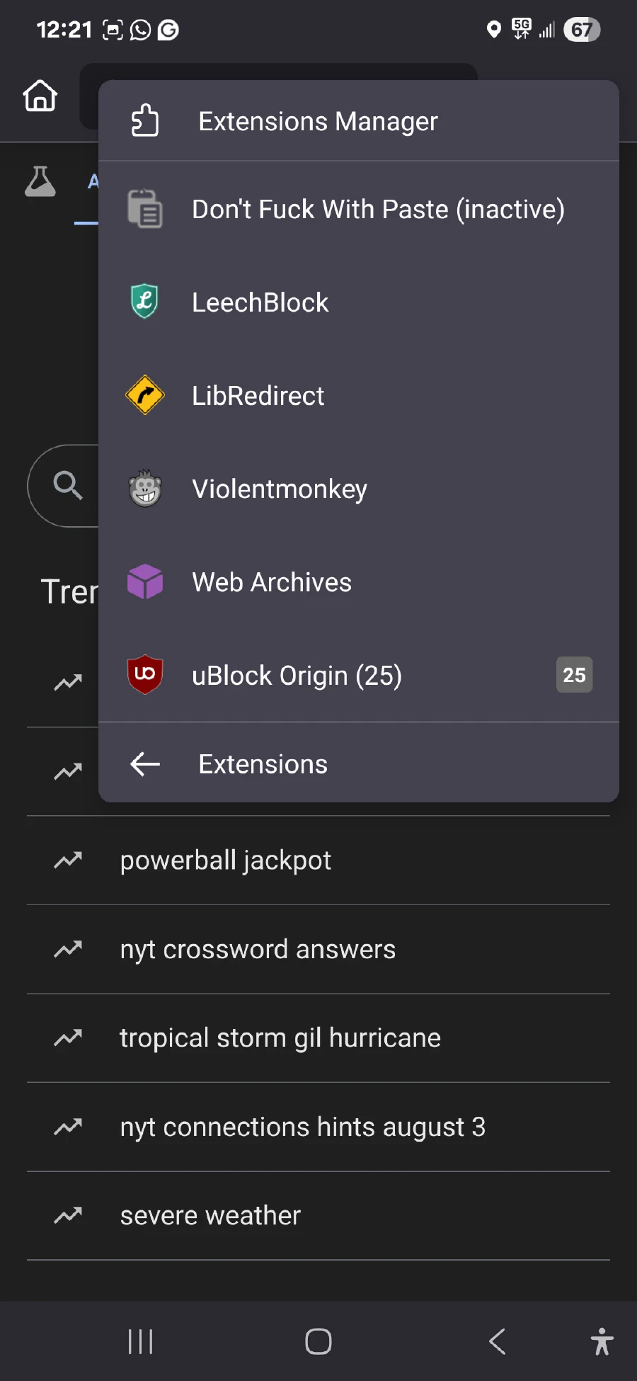 Ublock extension menu