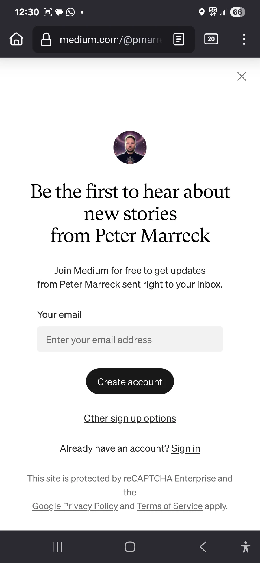 a Full screen pop-up to subscribe to medium